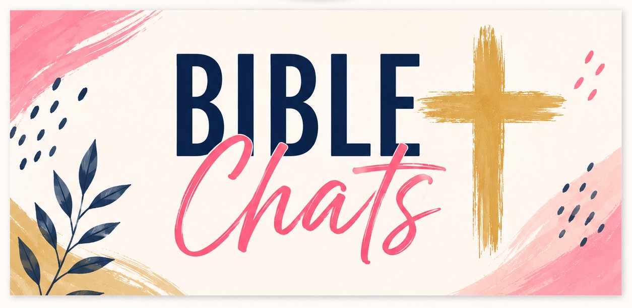 Bible Chats logo with a gold cross and painted pink, navy, and gold accents