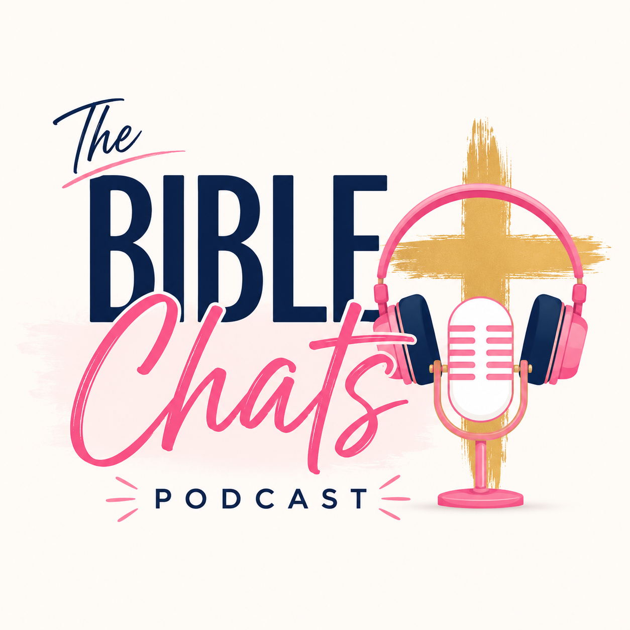 The Bible Chats Podcast cover with microphone, headphones, and gold cross